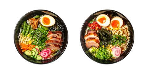Set of two bowls with Japanese ramen with chicken or pork and noodles isolated on transparent background. Asian food concept. Elements collection for design menu, recipe card, banner, poster