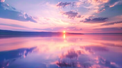 Naklejka premium A serene pastel sunset over a calm lake, reflecting the soft hues of the sky in the water.