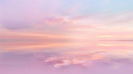 Fototapeta premium A serene pastel sunset over a calm lake, reflecting the soft hues of the sky in the water.