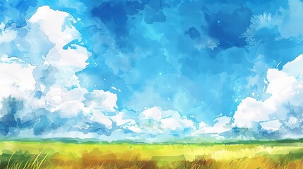 Fototapeta premium Abstract summer landscape watercolor background with blue sky, white clouds and green field. Watercolor illustration for interior, flyers, poster, cover, banner. Modern gradient painting 