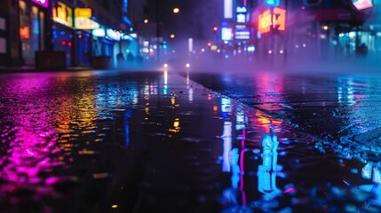 Obraz premium Dark night street, wet asphalt, neon reflection in water, smoke, smog. 
