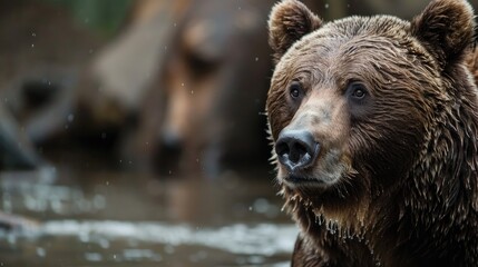Close up photo of a grizzly bear in zoo with shallow depth of field and copy space