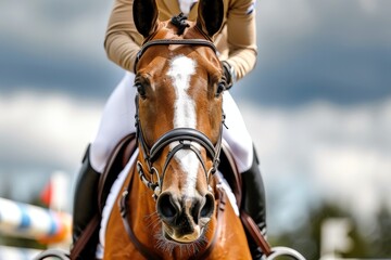 Obraz premium A close-up of a rider on a chestnut horse, showcasing elegance and power during an equestrian event against a dramatic sky.