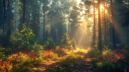 Fototapeta premium Forest path illuminated by sunbeams