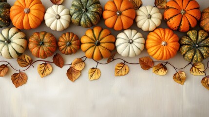 A vibrant collection of pumpkins and leaves, showcasing autumn colors and seasonal charm, perfect for festive decorations.