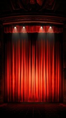 Fototapeta premium A vibrant red curtain draped elegantly on a theater stage, illuminated by soft spotlighting, perfect for theatrical backgrounds.