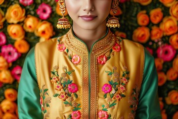 Fototapeta premium A woman in vibrant traditional attire stands against a colorful floral backdrop, exuding elegance and cultural beauty.