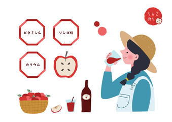 リンゴジュースを飲む女の子とりんごの挿絵セット