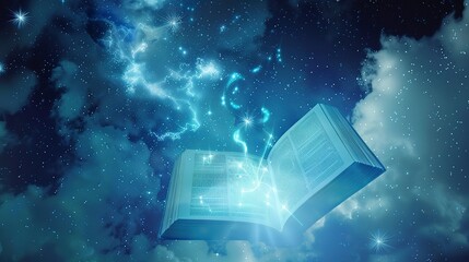 Fototapeta premium A sky-blue backdrop hosts a constellation shaped like an open book. literary constellation.