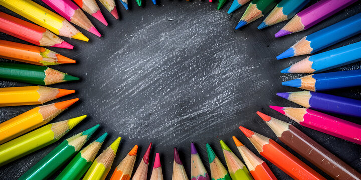 Pencils on blackboard, Colorful Pencils Arranged in a Circle on Chalkboard Background, The core of a colored pencil is made by combining wax or oil, water, bonding agents, and pigments