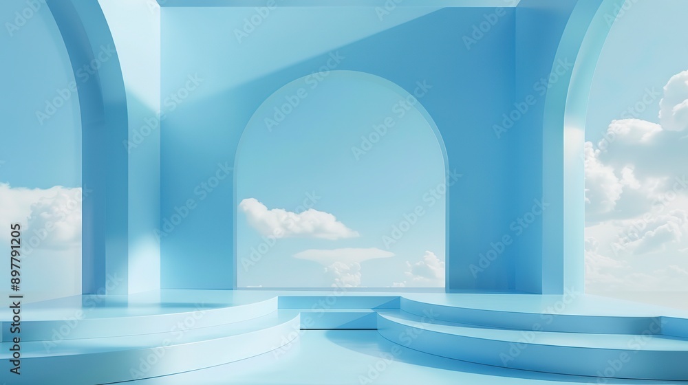 Poster Abstract empty sky blue studio background. Scene for advertising, showcase, presentation, cosmetic ads, website, banner, fashion. Illustration. Product display. 3D room. 