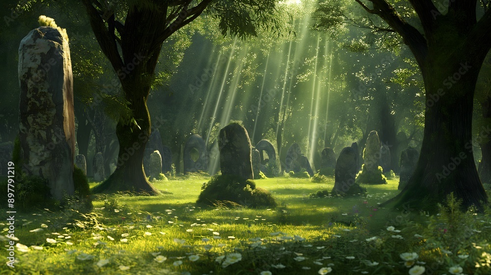 Poster 36. render a mystical forest scene with ancient stone circles hidden among towering trees, illuminat