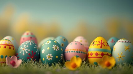 Colorful decorated Easter eggs lined up on green grass with a soft blurred background, perfect for spring celebrations.