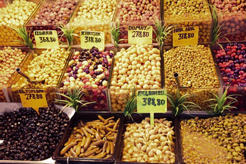 Golden-Hued Olives on Display at Turkish Market