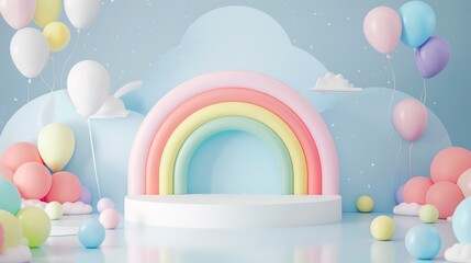 baby product display podium banner with rainbow