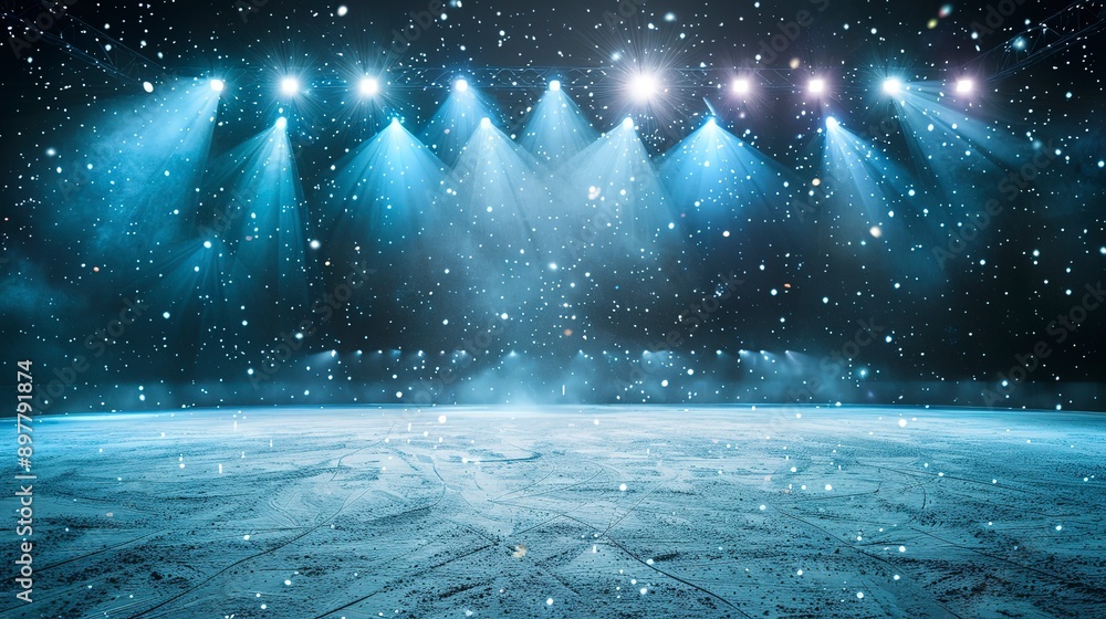 Poster background. beautiful empty winter background and empty ice rink with lights. spotlight shines on th
