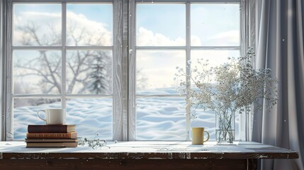 Room with table and window, window view. winter landscape