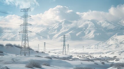 snow-covered mountains in the white winter landscape with high-voltage towers 