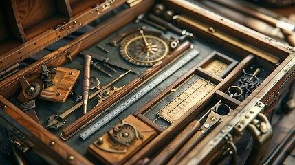 High quality image of a toolbox with geometry tools including compasses rulers and set squares essential for math and engineering tasks in professional and educational settings