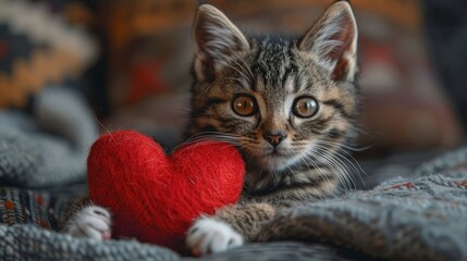 Naklejka premium Adorable anamorphic tabby kitten with white nose and white paws holding a cartoon heart for valentines day, cute, anamorphic