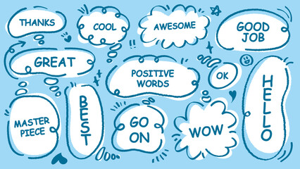 Comic style cute quote colorful thinking bubble with positive words. Set of hand drawn memo frame. Cartoon doodle crayon drawing cloud, box, message. Flat vector. Best, Awesome, WOW, Master, Piece, Go