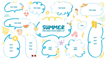 Set of summer theme speech bubble. Cute hand drawn memo sticker with crayon draw. Vector of doodle cartoon style empty blank for text. Chat balloon cloud. Beach Juice Sea, Swim, Sun, Ice cream element