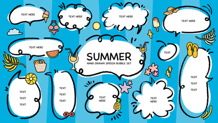 Set of summer theme speech bubble. Cute hand drawn memo sticker with crayon draw. Vector of doodle cartoon style empty blank for text. Chat balloon cloud. Beach Juice Sea, Swim, Sun, Ice cream element