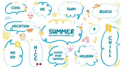 Set of summer holiday theme speech bubble. Crayon drawing doodle cartoon style memo sticker. Cute colorful vacation symbol dialogue box . Quote frame blank box cloud Chill Nice, Enjoy, Beach, Swim, Go