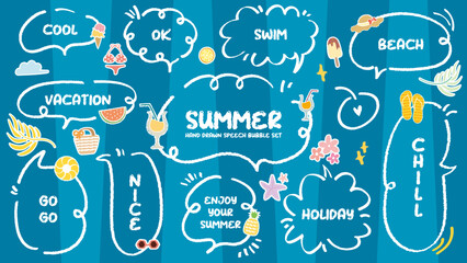 Set of summer holiday theme speech bubble. Crayon drawing doodle cartoon style memo sticker. Cute colorful vacation symbol dialogue box . Quote frame blank box cloud Chill Nice, Enjoy, Beach, Swim, Go