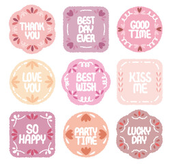 Set of hand draw style cute pink memo blank. Retro romantic dialog box for text. Cartoon style doodle speech box. Wish label gift. Lover message. Short frame. Kiss me, Best wish, Lucky day Thank Happy