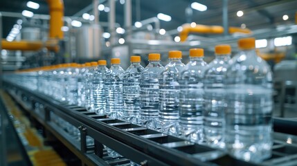Obraz premium Automated Bottled Water Production Line in Modern Factory with Plastic Bottles and Orange Caps