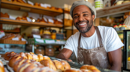 Candid photo of a neighborhood bakery owner with breads and his baked goods