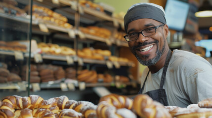 Candid photo of a neighborhood bakery owner with breads and his baked goods