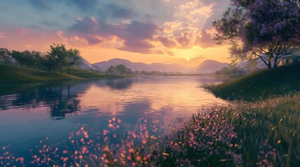20. Render a peaceful countryside scene with a tranquil lake reflecting the colors of a vibrant sunset, surrounded by rolling hills.