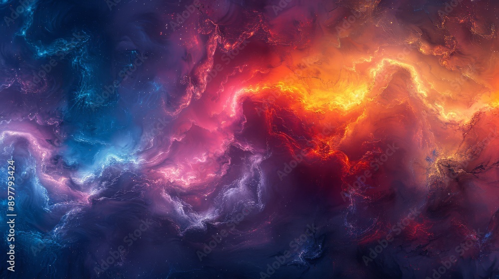 Poster the dynamic nebula explosion in space is vivid with color and energy, creating a celestial scene of 