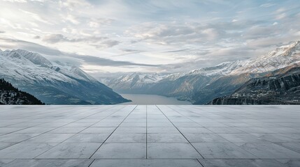 Square concrete floor with amazing winter snow mountain landscape