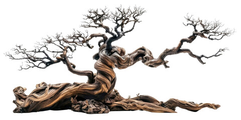 Mysterious giant silhouette of dead tree with leafless gnarled branches isolated in a transparent background. Cut out or PNG.