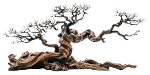 Mysterious giant silhouette of dead tree with leafless gnarled branches isolated in a transparent background. Cut out or PNG.