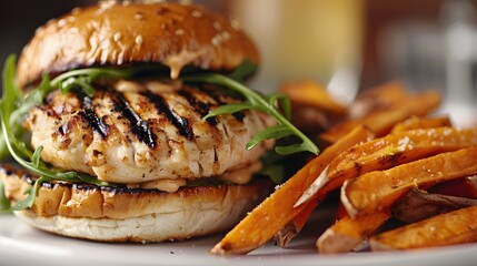 yummy burger with grilled meat topped with vegetables tomatoes ketchup sliced onions cheese fresh lettuce and soft buns placed on board with fries