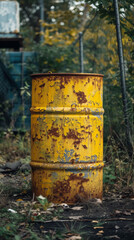 Fototapeta premium Old rusty yellow barrel in neglected industrial area