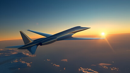 Fototapeta premium Serene Sunset Silhouette Soaring, futuristic aircraft First Flight Passenger Safety Tips read the safety briefing card, Buckle up, Seat belts, 