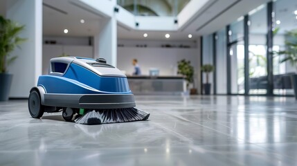 Cleaning hard floor with the cleaning machine in office 