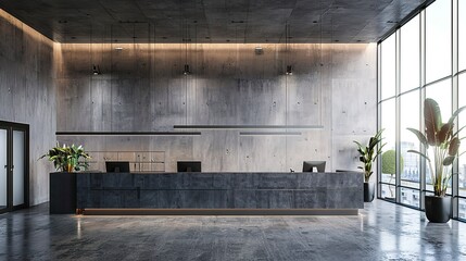 Interior of modern office lobby with concrete walls, concrete floor and reception desk with computers
