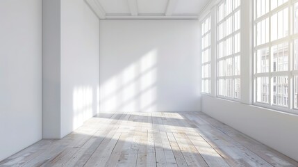 Fototapeta premium Empty white room with white wall, wooden floor and big window. Studio or office blank space. Empty template for interior product. Background for branding design showcase with copy space