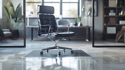 A sleek black office chair on a clear protective floor mat in a well-lit, stylish interior workspace