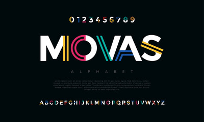 Movas creative modern geometric urban alphabet font. Digital abstract futuristic, game, techno, robot, music, logo, sport, minimal technology typography. Simple numeric vector illustration