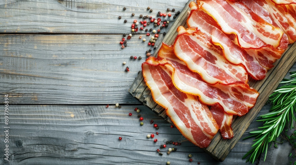 Poster top view of fresh bacon slices on gray wood background with space for text