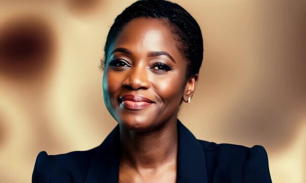 Close-up portrait video of a satisfied Nigerian woman in her 40s wearing a classic blazer against an abstract background 