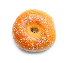 Tasty bagel with sesame seeds on white background
