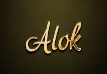 Old gold text effect of Hindi name Alok with 3D glossy style Mockup.